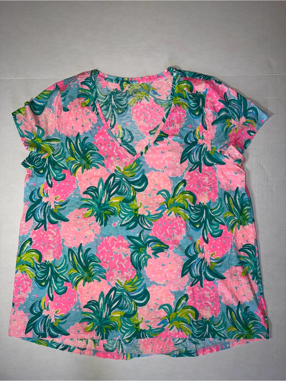 Lilly Pulitzer Pink & Green Floral V-Neck Short Sleeve Top